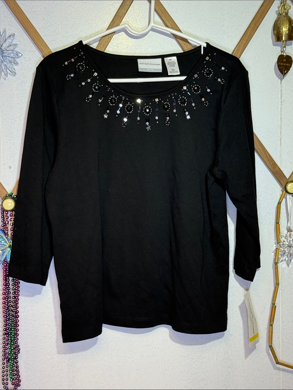 Alfred Dunner Black Embellished Scoop Neck 3/4 Sleeve Top